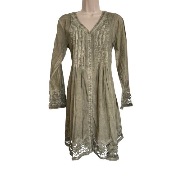 Raga Pintuck Pleat Lace Sleeve Green Shirt Dress Size XS oversized NWT - Picture 10 of 12